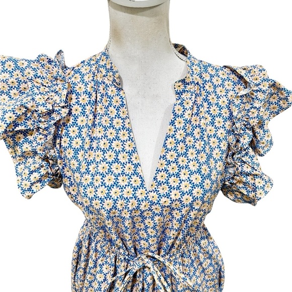 By Anthropologie v neck White, yellow & Blue flutter sleeve Tie Front dress MP - Picture 5 of 11